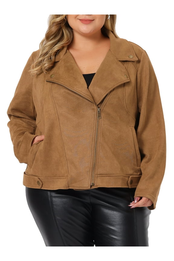 Women's Plus Size Jacket Faux Suede Bomber Moto Biker Zip-Up Coats 4X Brown