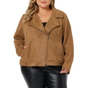 Agnes Orinda Women's Plus Size Jacket Faux Suede Bomber Moto Biker Zip-Up Coats 1X Brown