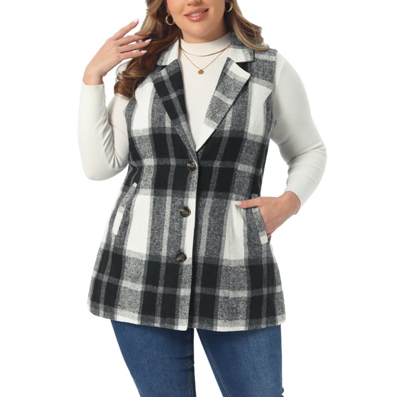 Agnes Orinda Women's Plus Size Jacket Plaid Curvy Notched Button Down Lapel Sleeveless Casual Long Vest Outerwear with Pocket 1X Black