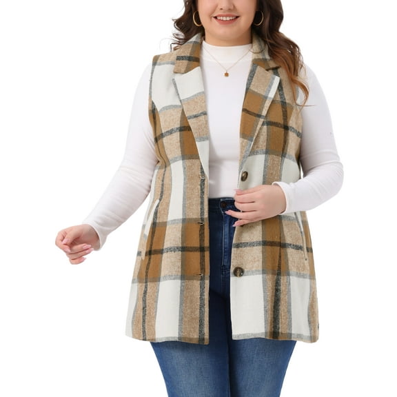 Agnes Orinda Women's Plus Size Jacket Plaid Curvy Notched Button Down Lapel Sleeveless Casual Long Vest Outerwear with Pocket 1X Brown