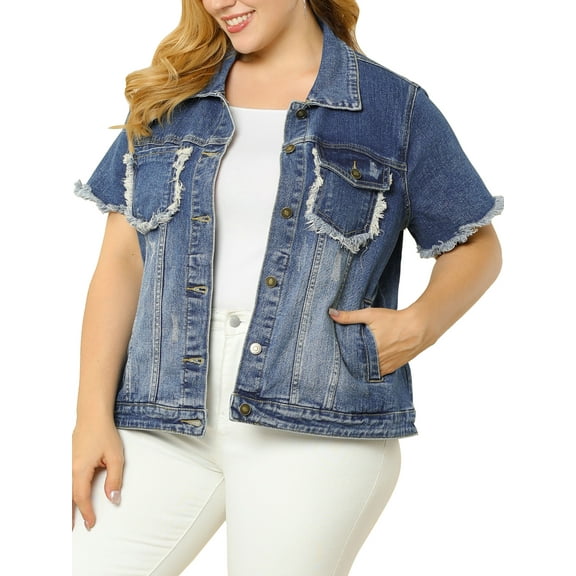 Agnes Orinda Women's Plus Size Jackets Distressed Short Sleeve Button Denim Jacket with Pockets 1X Blue