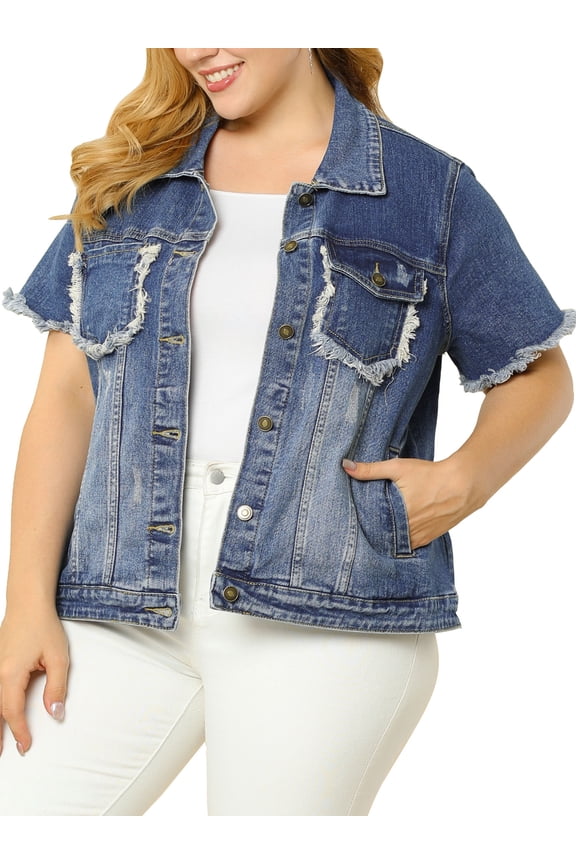 Women's Plus Size Jackets Distressed Short Sleeve Button Denim Jacket with Pockets 2X Blue