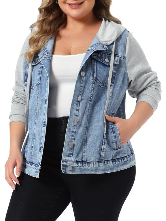 Women's Plus Size Jackets Layered Coats Drawstring Hoodie Denim Jean Jackets 1X Snow Washed Light Blue