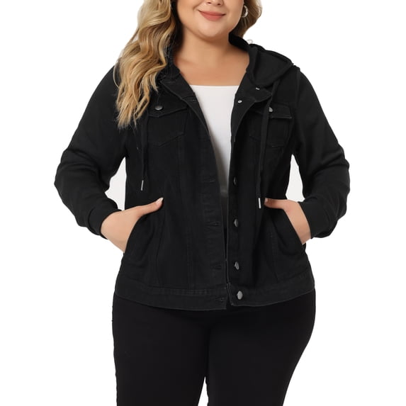 Agnes Orinda Women's Plus Size Jackets Layered Coats Drawstring Hoodie Denim Jean Jackets 6X Dark Black
