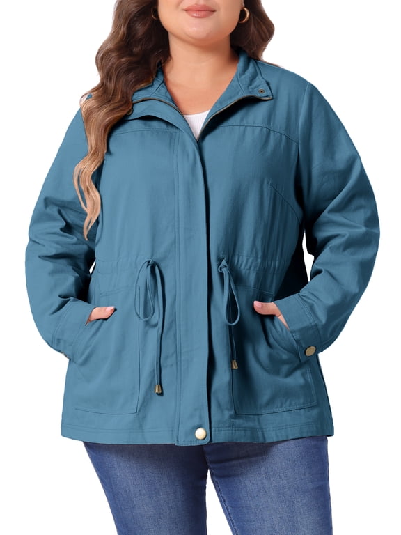 Women's Plus Size Jackets Long Sleeve Drawstring Waist Anorak Coats with Pockets 2X Lake Blue