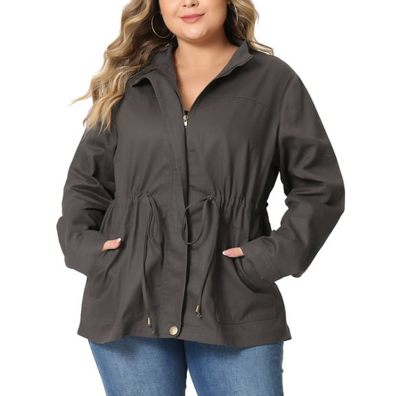 Agnes Orinda Women's Plus Size Jackets Long Sleeve Drawstring Waist Anorak Coats with Pockets 6X Grey