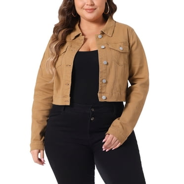 Agnes Orinda Women's Plus Size Jean Button Outfits Fashion Cropped Denim Jackets 2X Brown