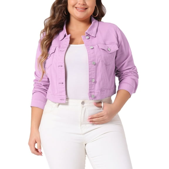 Agnes Orinda Women's Plus Size Jean Button Outfits Fashion Cropped Denim Jackets 3X Light Purple