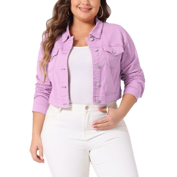 Agnes Orinda Women's Plus Size Jean Button Outfits Fashion Cropped Denim Jackets 3X Light Purple