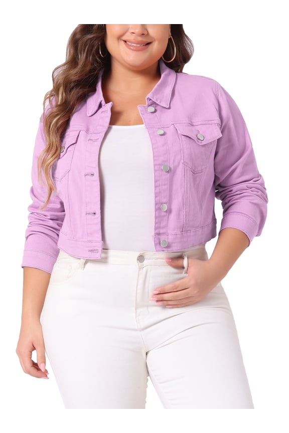 Women's Plus Size Jean Button Outfits Fashion Cropped Denim Jackets 3X Light Purple