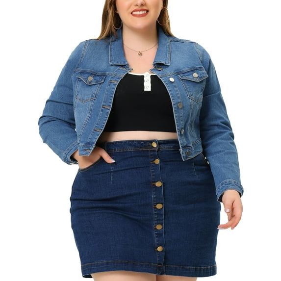 Agnes Orinda Women's Plus Size Jean Button Outfits Fashion Cropped Denim Jackets 4X Denim Blue