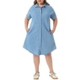 thumbnail image 1 of Agnes Orinda Women's Plus Size Jean Denim Dress Lapel Short Sleeve Button Down Curved Hem Casual A Line Midi Dresses with Pockets 1X Sky Blue, 1 of 8