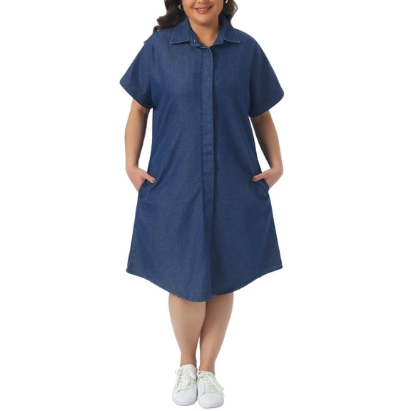 Agnes Orinda Women's Plus Size Jean Denim Dress Lapel Short Sleeve Button Down Curved Hem Casual A Line Midi Dresses with Pockets 2X Dark Blue