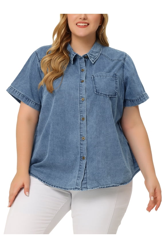 Women's Plus Size Jean Denim Short Sleeve Chest Pocket Button Down Shirts 3X Stone Washed Blue