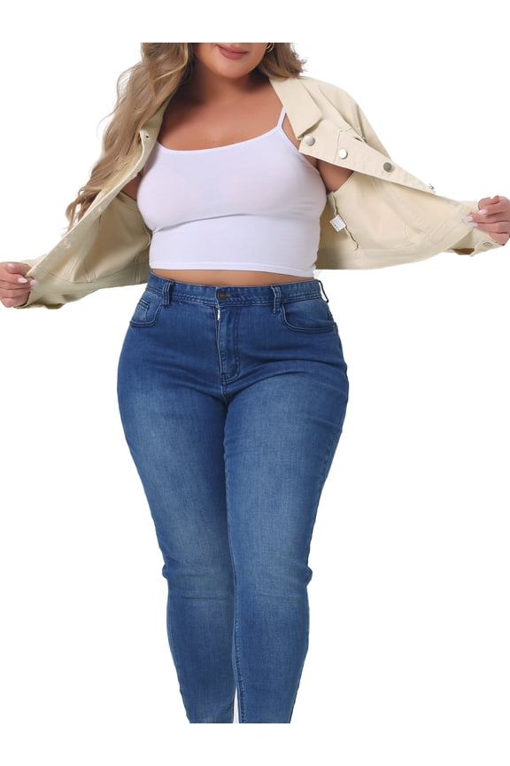 Women's Plus Size Jean Jacket Button Outfits Casual Cropped Denim Jackets Stitching 2025 1X Beige