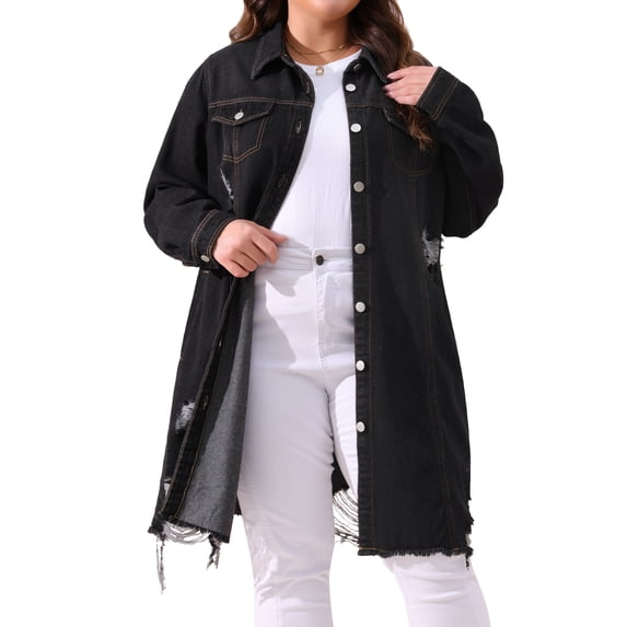Agnes Orinda Women's Plus Size Jean Jacket Distressed Long Sleeve Oversized Denim Trucker Coat 2X Black