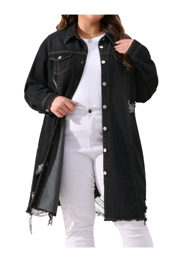 Women's Plus Size Jean Jacket Distressed Long Sleeve Oversized Denim Trucker Coat 3X Black