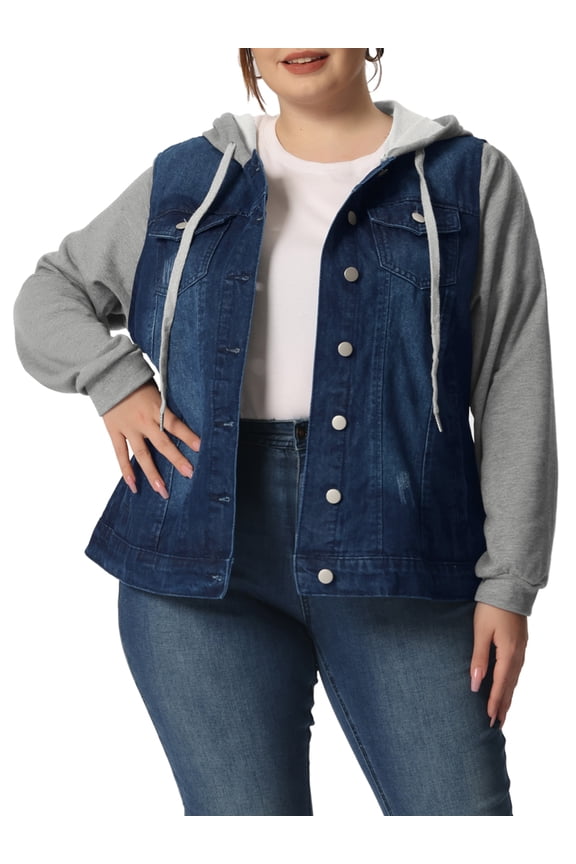 Women's Plus Size Jean Jacket Layered Drawstring Hoods Utility Denim Jackets with Pocket 2025 1X Black Blue