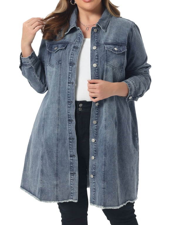 GRACE & GRANDEUR Women's Plus Size Long Sleeve Maxi Denim Jacket Distressed Long Jean Coat with Chest Pockets 1X Dusty Blue