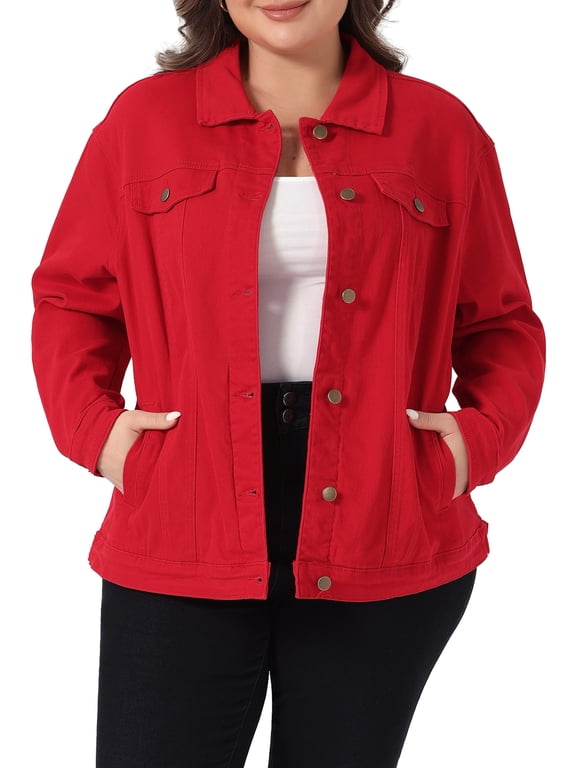 Women's Plus Size School College Jean Jacket Stitching Button Washed Denim Outerwear Coat 2X Red