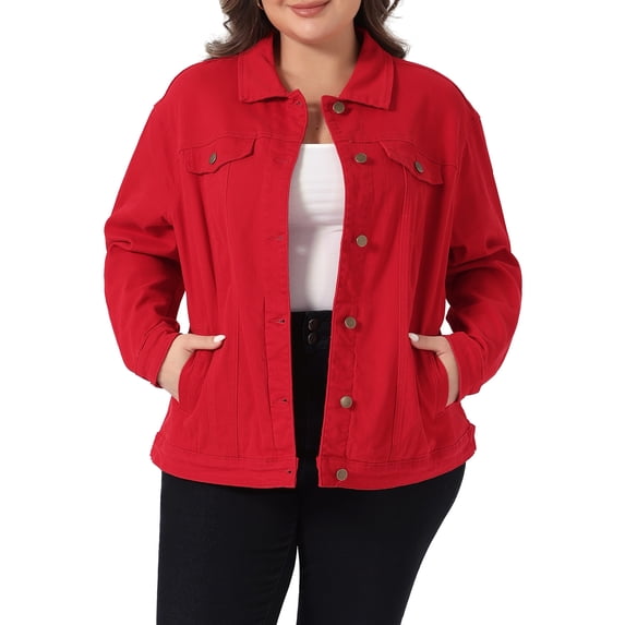 Agnes Orinda Women's Plus Size School College Jean Jacket Stitching Button Washed Denim Outerwear Coat 5X Red