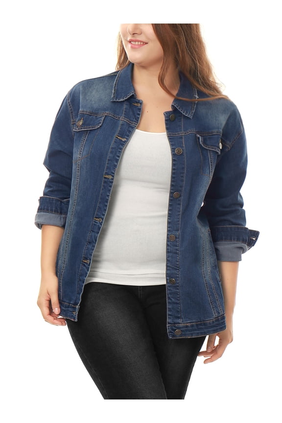 Women's Plus Size Jean Jacket Stitching Button Washed Denim Outerwear Coat 6X Blue