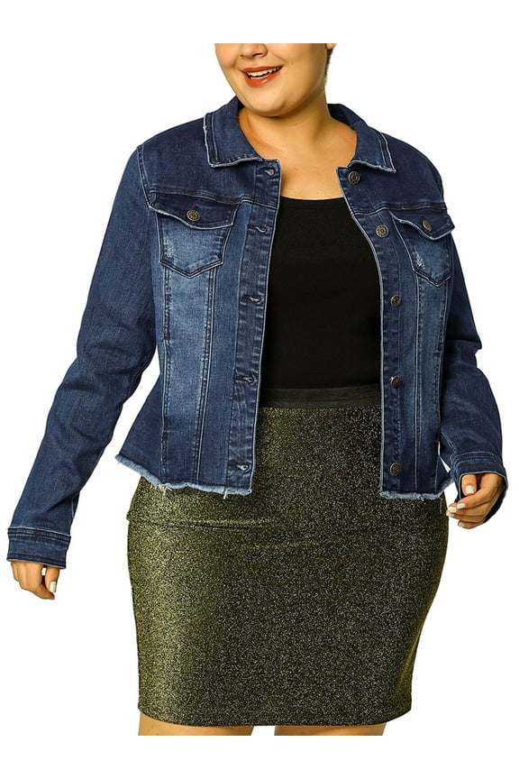 Women's Plus Size Jean Jackets Long Sleeves Washed Denim Button Casual Jacket with Pockets 5X Dark Blue