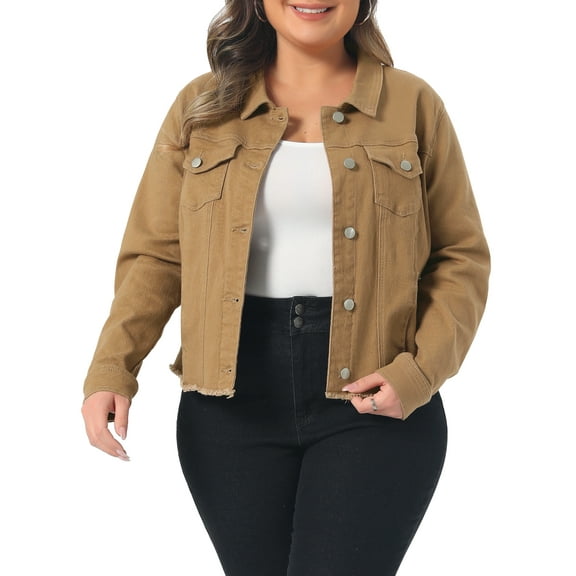 Agnes Orinda Women's Plus Size Jean Jackets Long Sleeves Washed Casual Denim Coats with Pockets 4X Light Brown