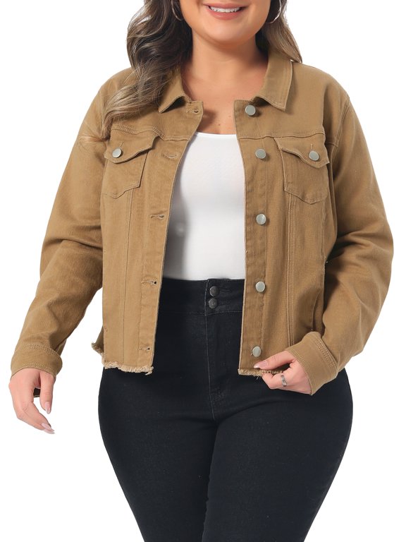 Women's Plus Size School College Long Sleeves Turn Down Collar Washed Denim Jackets with Pockets 4X Light Brown