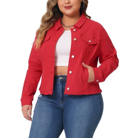 Agnes Orinda Women's Plus Size Jean Jackets Long Sleeves Washed Casual Denim Coats with Pockets 5X Red