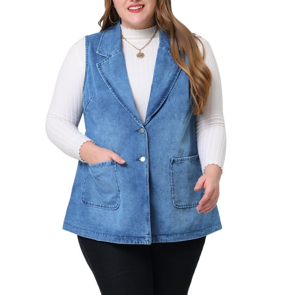 Agnes Orinda Women's Plus Size Jean Jackets Sleeveless Lapel Casual Denim Vests with Pockets 2X Medium Blue