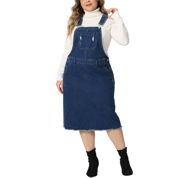 Agnes Orinda Women's Plus Size Jean Skirt Distressed Racerback Suspender Denim Overall Dress 1X Dark Blue