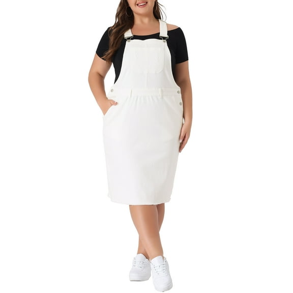 Agnes Orinda Women's Plus Size Jean Skirt Distressed Racerback Suspender Denim Overall Dress 3X White
