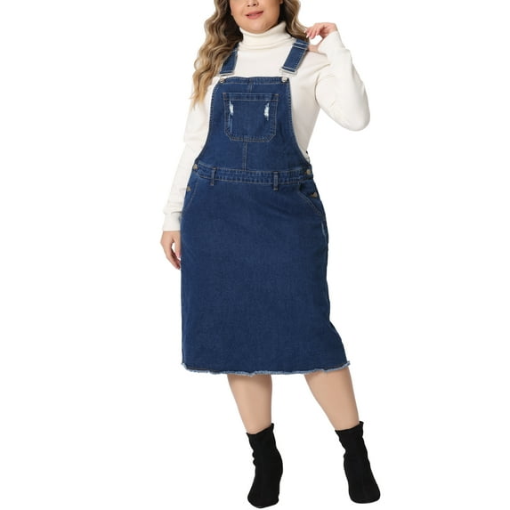 Agnes Orinda Women's Plus Size Mother's Day Jean Skirt Distressed Racerback Suspender Denim Overall Dress 4X Dark Blue