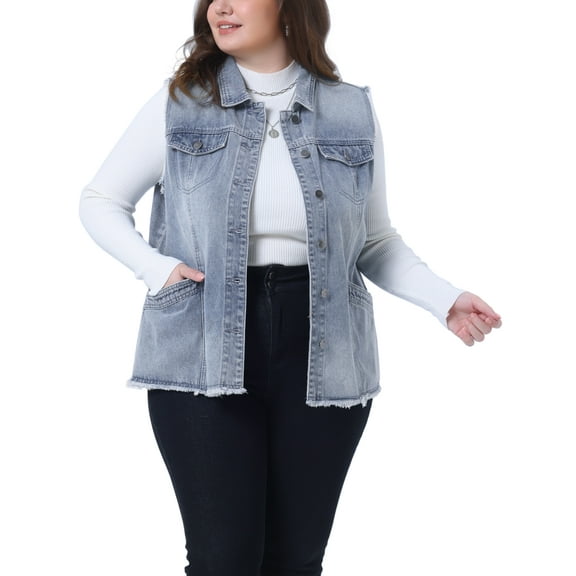 Agnes Orinda Women's Plus Size Jean Vest Raw-Hem Sleeveless Fashion Denim Jacket 1X Gray Blue