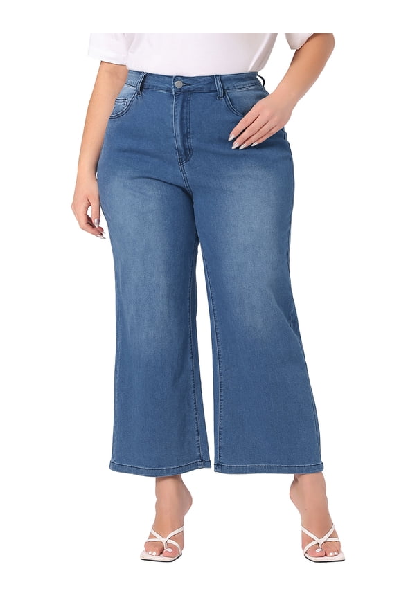 Women's Plus Size Jeans Stretchy Washed Button Wide Leg Jeans Palazzo Pants 2X Blue