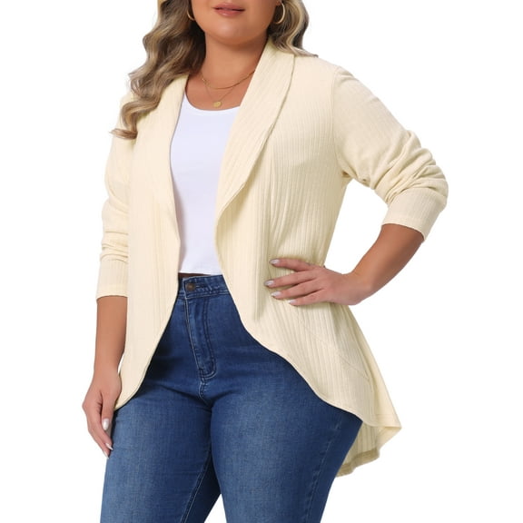 Agnes Orinda Women's Plus Size Knit Cardigan Lapel Long Sleeve Open Front Irregular Hem Casual Soft Sweater Cardigans 4X Beige