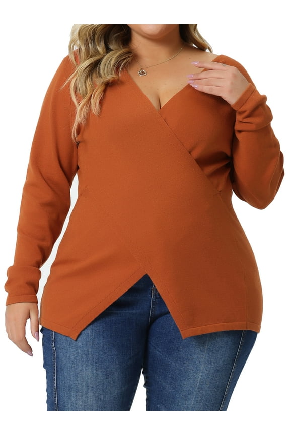 GRACE & GRANDEUR Women's Plus Size Knit Deep V Neck Wrap Curvy Pullover Sweaters 2X Orange