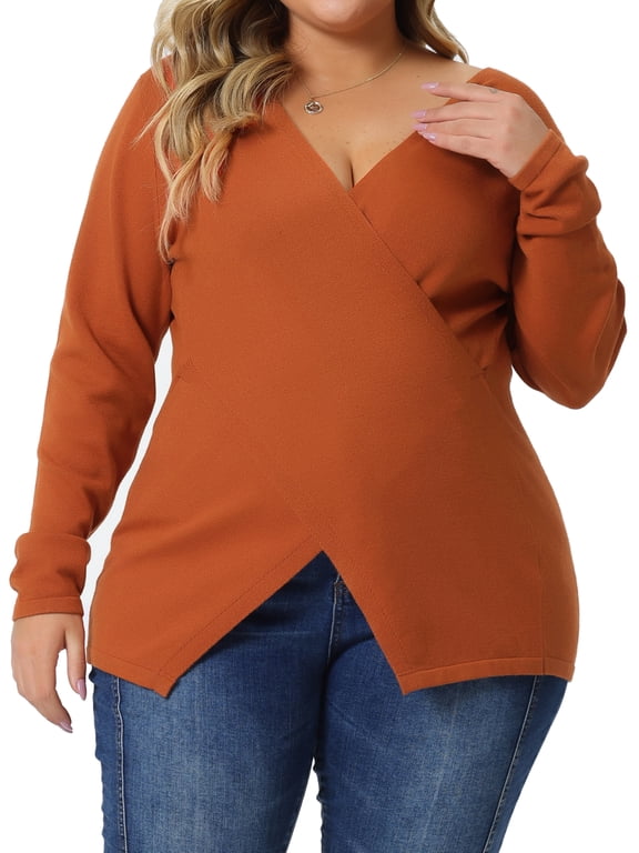 Women's Plus Size Halloween Outfits Knit Deep V Neck Wrap Curvy Pullover Sweaters 3X Orange