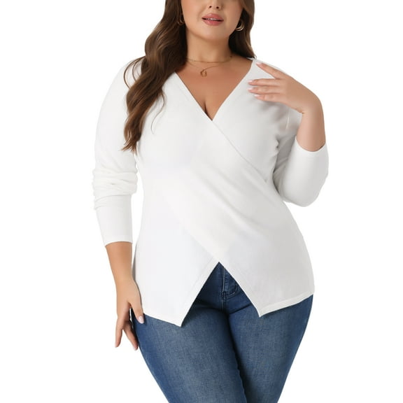 GRACE & GRANDEUR Women's Plus Size Knit Deep V Neck Wrap Curvy Pullover Sweaters 4X White
