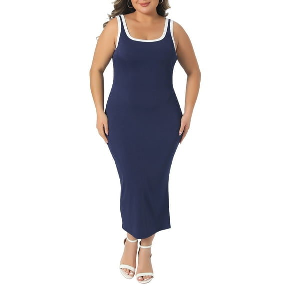 Agnes Orinda Women's Plus Size Knit Tank Dresses Contrast Side Slit Square Neck Sleeveless Summer Dresses 1X Dark Blue