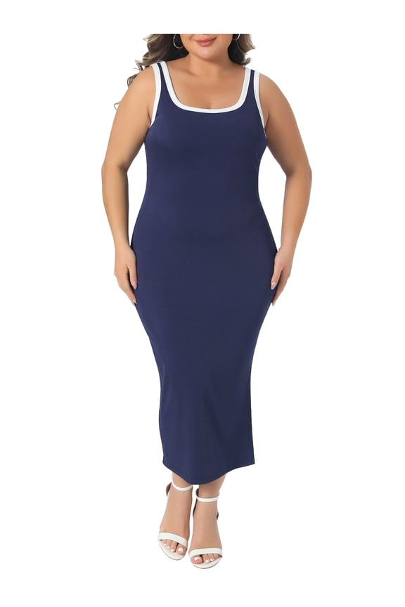 Women's Plus Size Knit Tank Dresses Contrast Side Slit Square Neck Sleeveless Summer Dresses 4X Dark Blue
