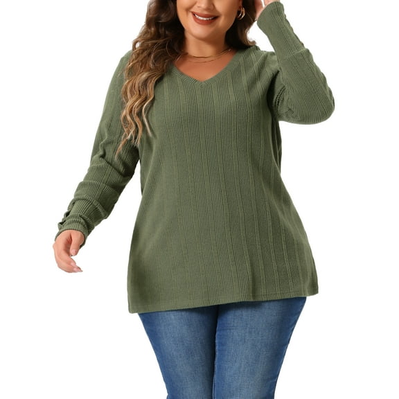 Plus Size Knit Tops for Women Long Sleeve V Neck Button Stretch Casual Pullover Sweater Blouses 1X Army Green