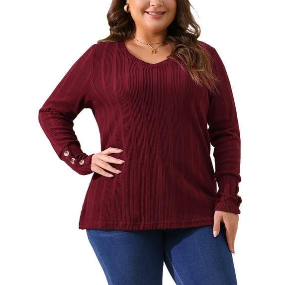 Plus Size Knit Tops for Women Long Sleeve V Neck Button Stretch Casual Pullover Sweater Blouses 1X Burgundy