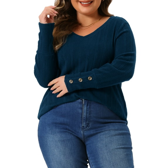 Plus Size Knit Tops for Women Long Sleeve V Neck Button Stretch Casual Pullover Sweater Blouses 1X Navy Blue