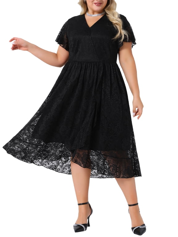 Women's Plus Size Floral Lace Dresses Double Layered Faux Wrap V Neck Short Sleeve Flowy Cocktail Midi A Line Dress 2X Black