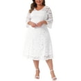 thumbnail image 1 of Agnes Orinda Women's Plus Size Lace Dress V-Neck 3/4 Sleeve Midi Swing Wedding Bridesmaid Dresses 1X White, 1 of 6