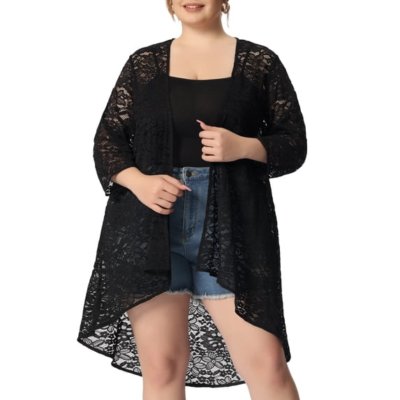 Agnes Orinda Women's Plus Size School College Open Front Lace Floral 3/4 Sleeves Sheer Casual Cardigans 1X Black