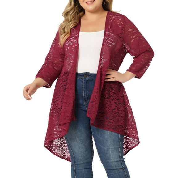 Agnes Orinda Women's Plus Size Lace Floral 3/4 Sleeve Sheer Casual Nylon Cardigans 1X Burgundy
