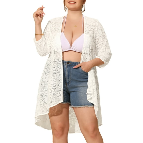 Agnes Orinda Women's Plus Size Lace Floral 3/4 Sleeve Sheer Casual Nylon Cardigans 2X White